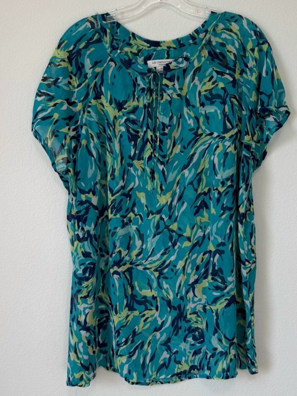 Liz Claiborne Teal, Navy & Lime Abstract Print Blouse